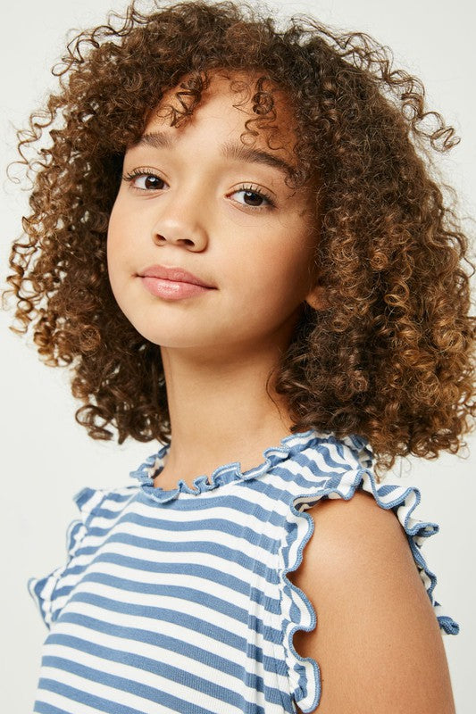 Ruffle Neck Striped Tank - Denim - Southern Belle Boutique