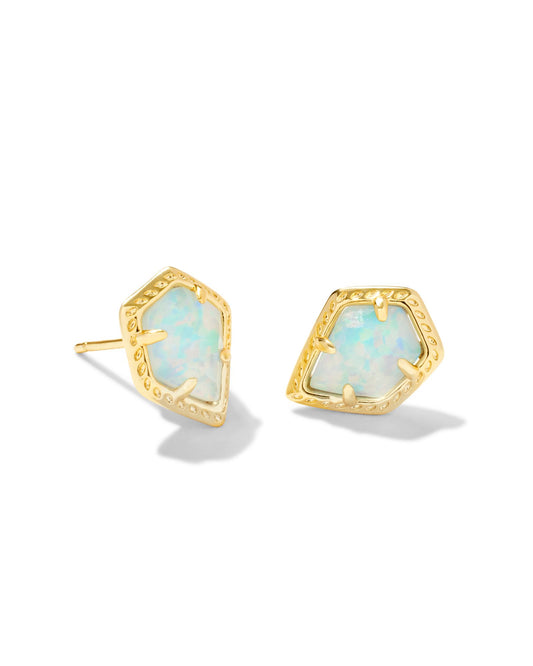 Framed Tessa Stud Earrings - Gold Luster Light Blue Kyocera Opal - Southern Belle Boutique