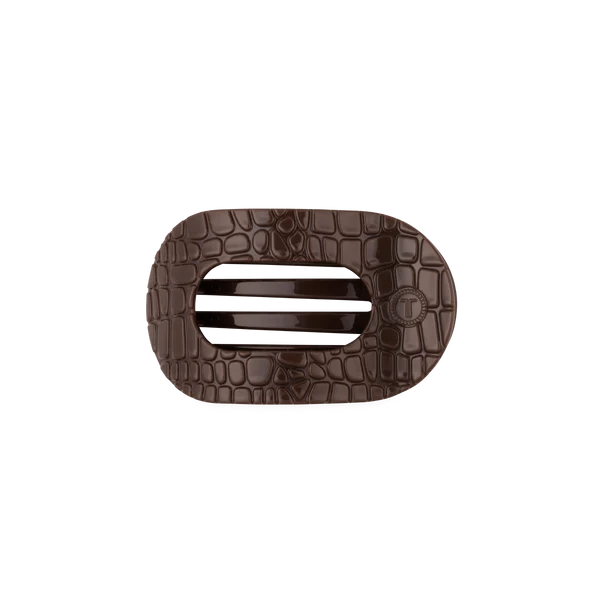 Small Flat Round Hair Clip - Brown Crocodile