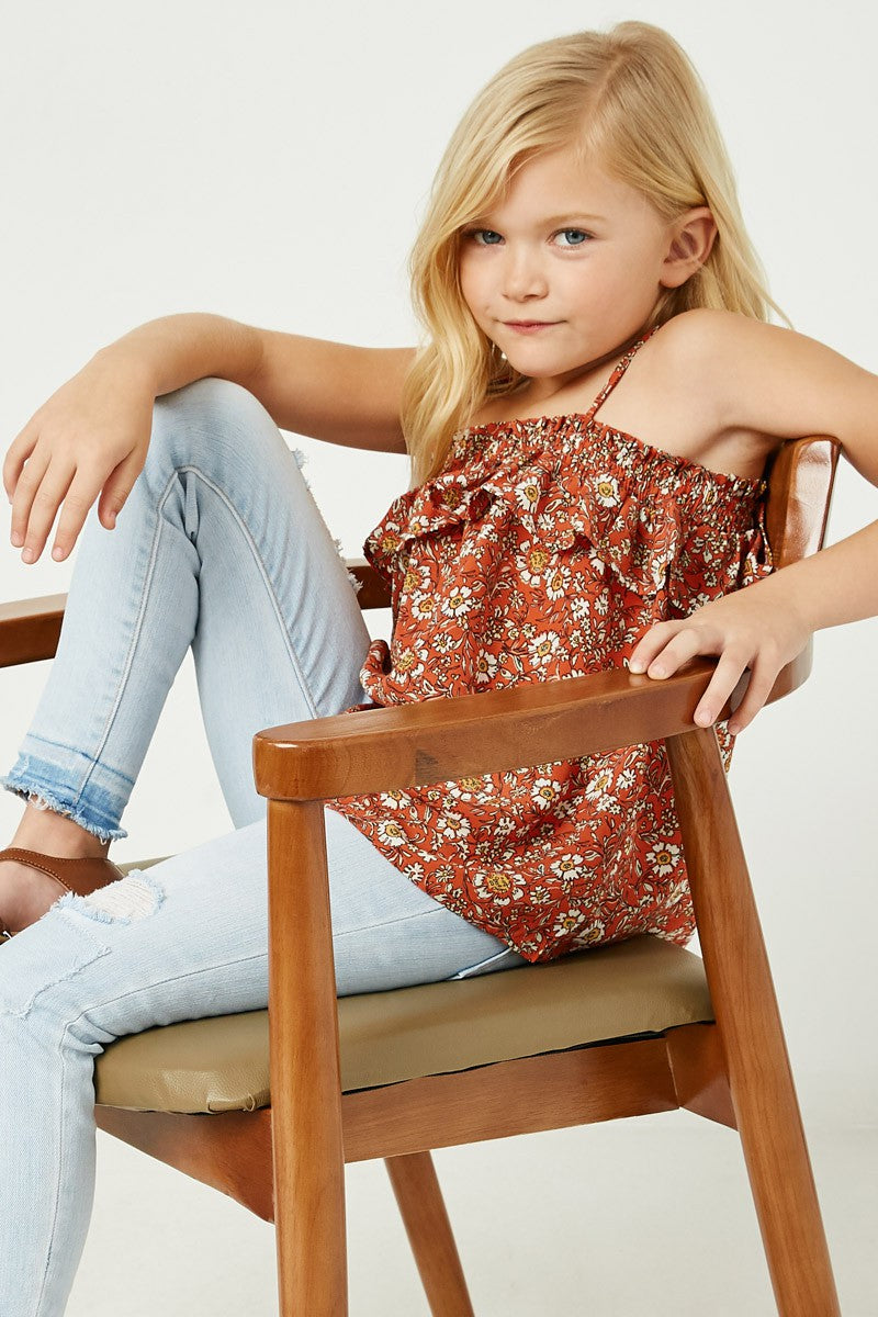 Coral Smocked Floral Print Ruffle Top