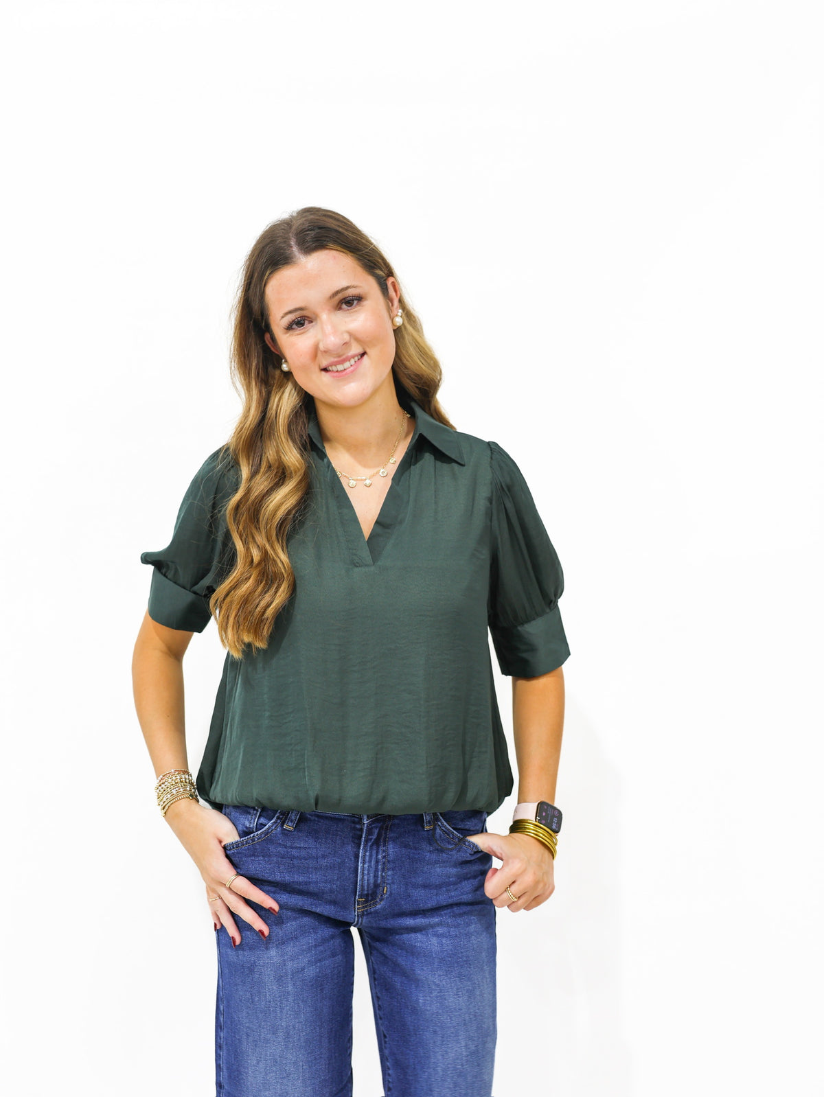 Forest Green Hi Lo Bubble Hem Blouse - Southern Belle Boutique