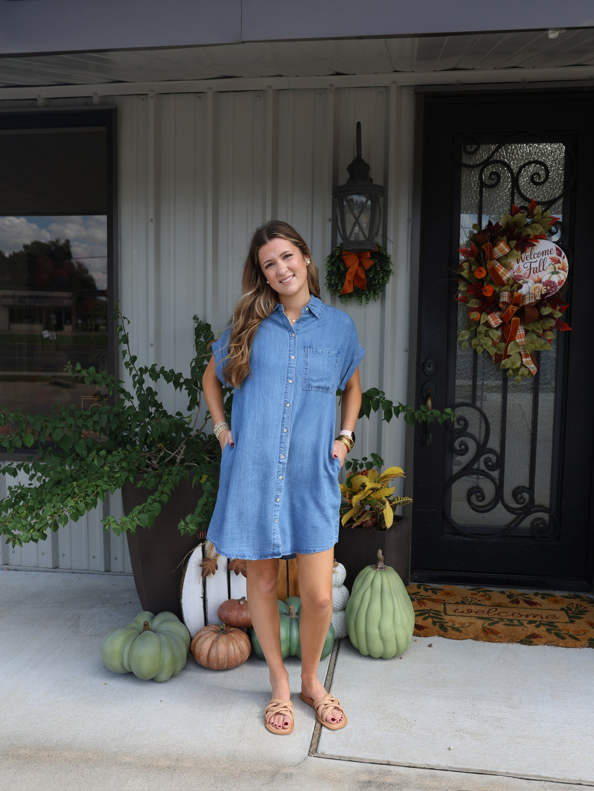 Denim Button Down Shirt Dress - Med Wash