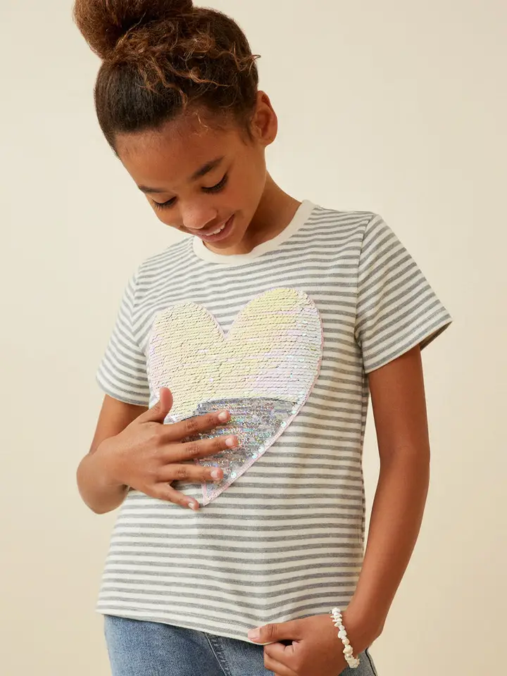Girls Sequin Heart Patch Striped Knit Top - Southern Belle Boutique