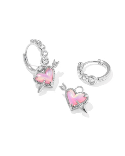 Ari Heart Arrow Huggie Earrings - Silver Pink Opalescent Resin