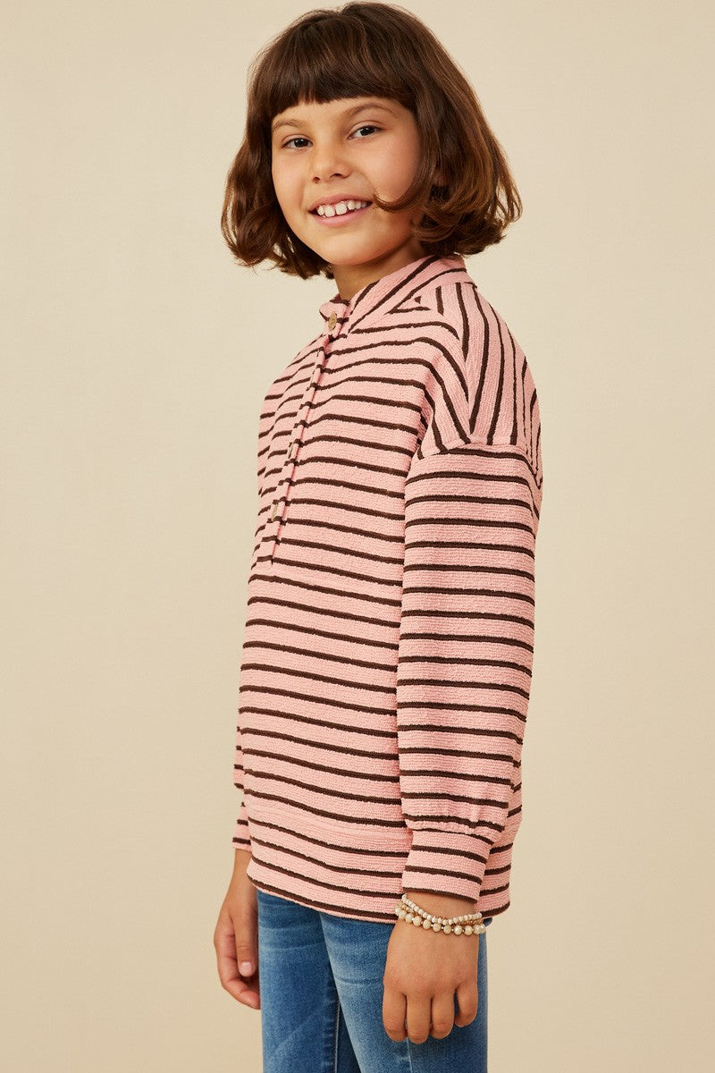 Girls Textured Stripe Knit 1/2 Button Up Top - Southern Belle Boutique