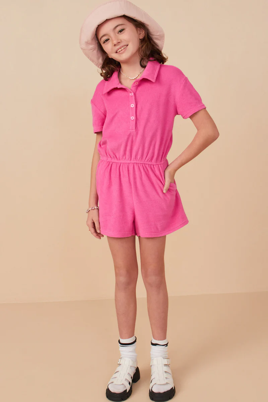 Pink Button Detail Collared Terry Romper - Southern Belle Boutique