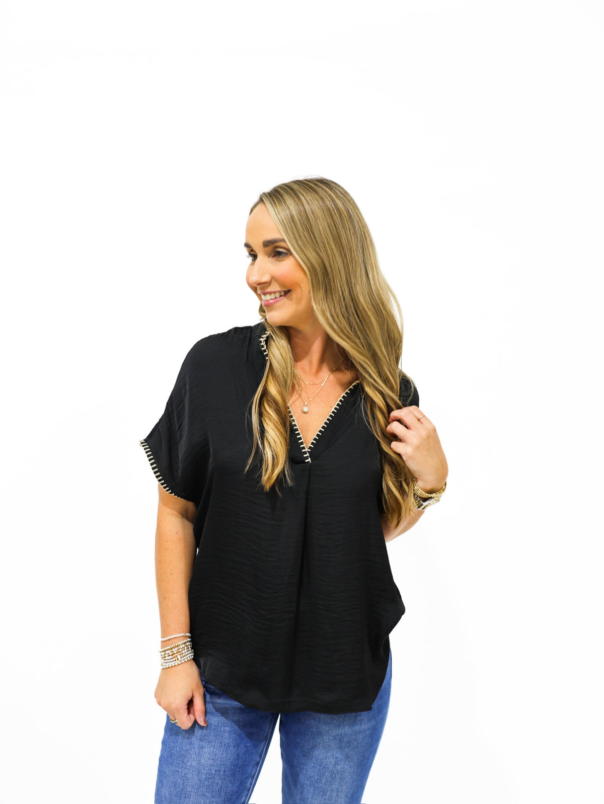 Black Whipstitch Drop Shoulder Blouse