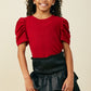 Girls Ribbed Pleated Shoulder Puff Sleeve Top - Red
