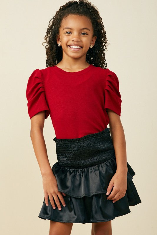Girls Ribbed Pleated Shoulder Puff Sleeve Top - Red