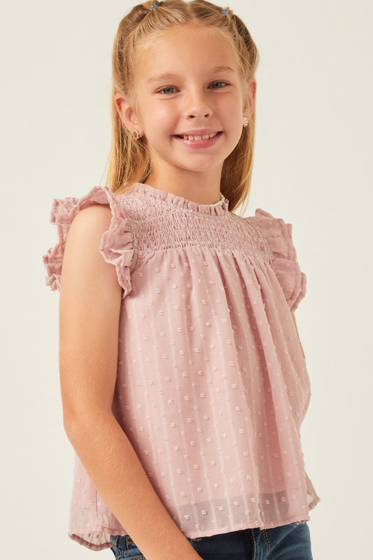 Girls Pink Ruffled Sleeve Smocked Swiss Dot Tank