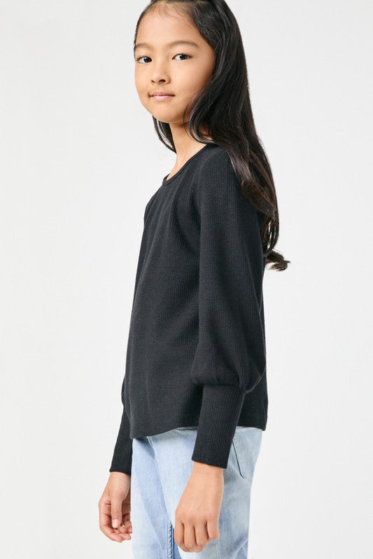 Black Textured Rib Exaggerated Cuff Knit Top