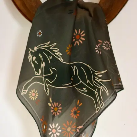 Floral Daisy Charcoal Bucking Horse Silk Wildrag Scarf