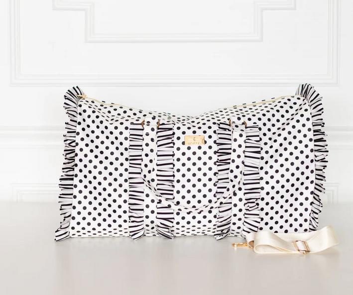Polka Stripe Ruffled Nylon Weekender - Black