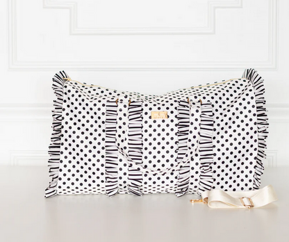 Polka Stripe Ruffled Nylon Weekender - Black