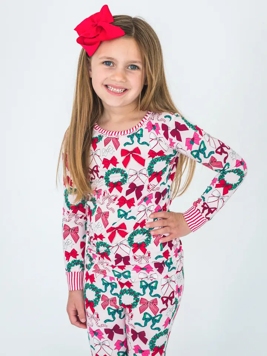 Softsnooze Holly Bows Ruffle LS PJ Set