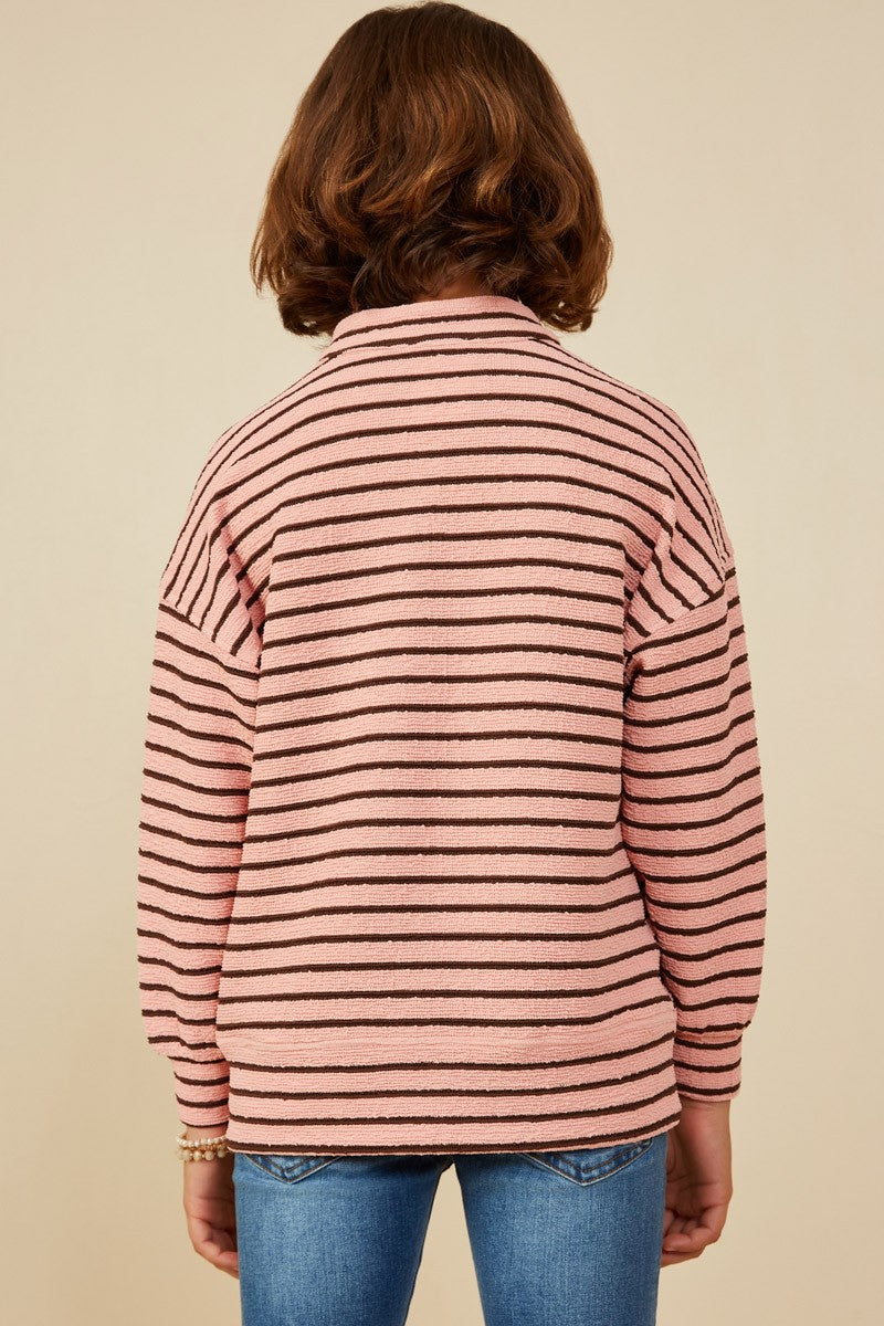 Girls Textured Stripe Knit 1/2 Button Up Top - Southern Belle Boutique