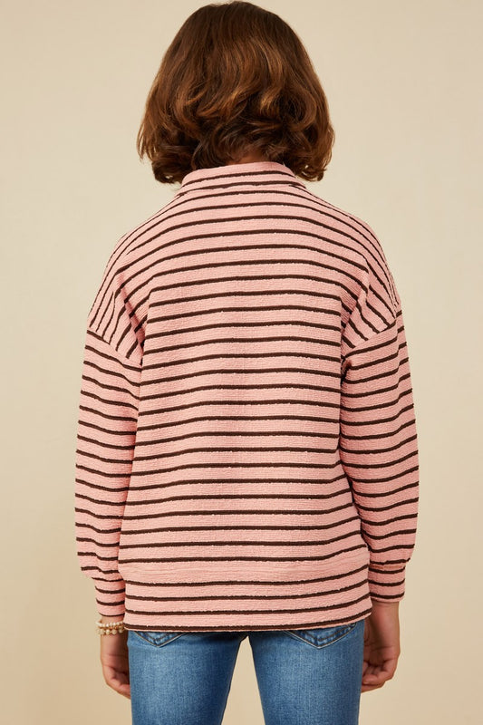 Girls Textured Stripe Knit 1/2 Button Up Top