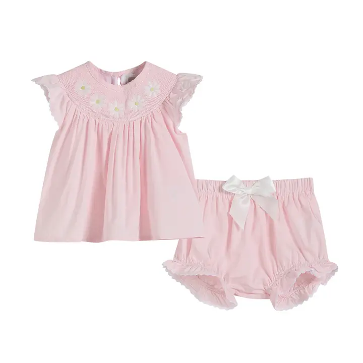 Light Pink Daisy Smocked Top and Bloomer 2 Pc Set - Southern Belle Boutique