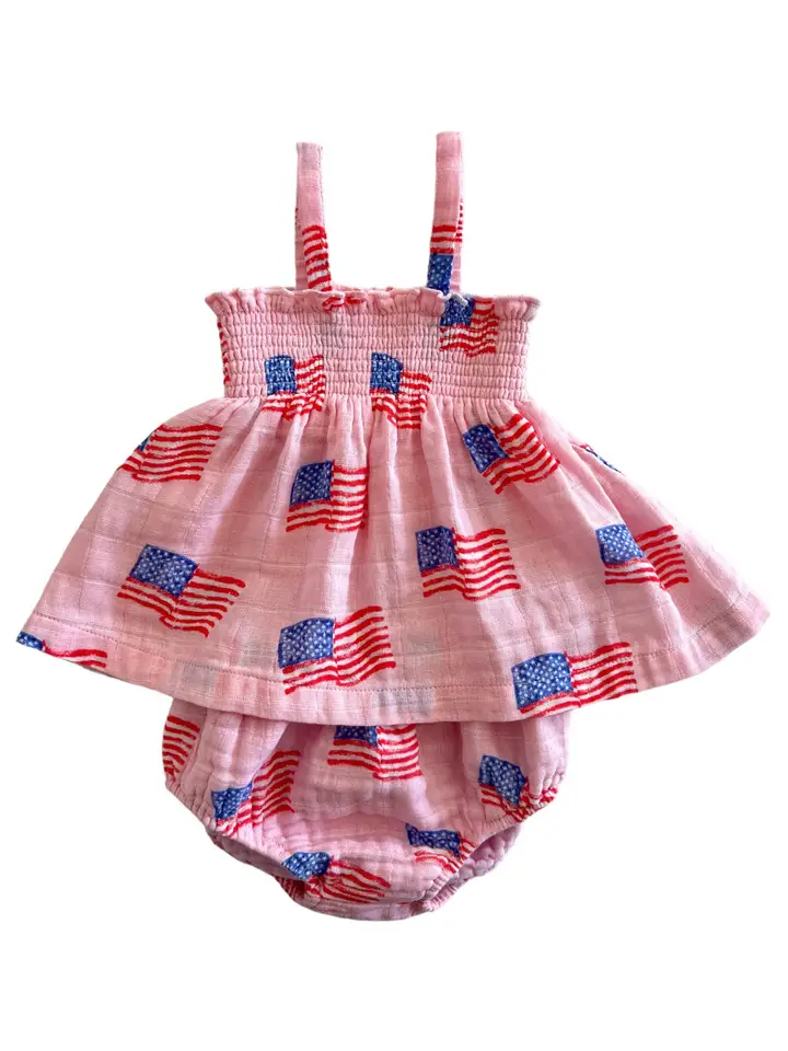 American Flag Pink Muslin Smocked Top & Bloomers - Southern Belle Boutique