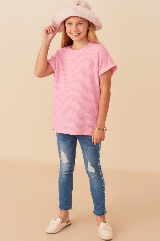 Pink Textured Roll Sleeve TShirt - Southern Belle Boutique