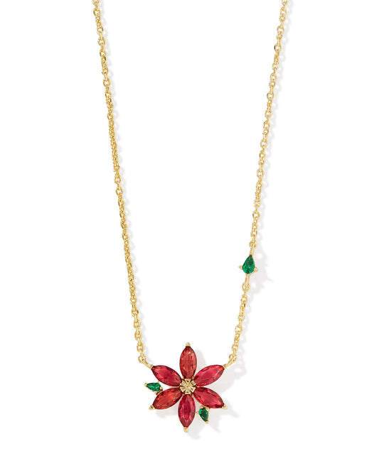 Poinsettia Short Pendant Necklace Gold Red Mix