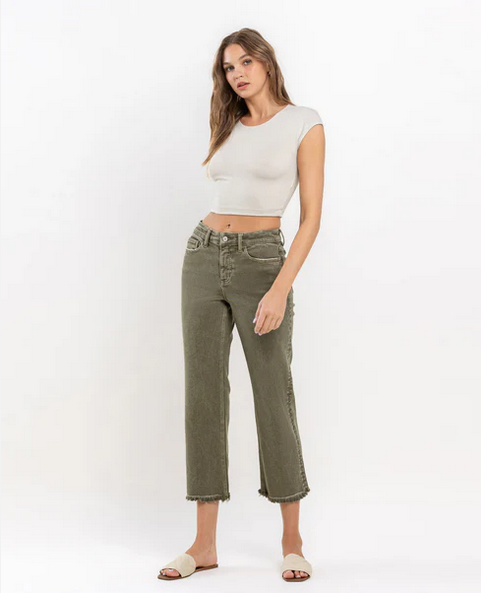 High Rise Raw Crop Straight Jeans - Deep Lichen Green