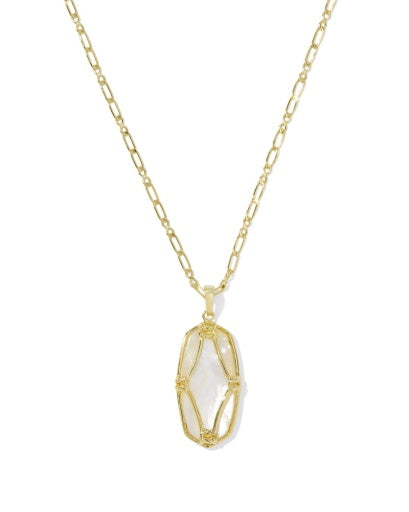 Elle Lattice Frame Large Long Pendant Necklace Gold Ivory Mother Of Pearl