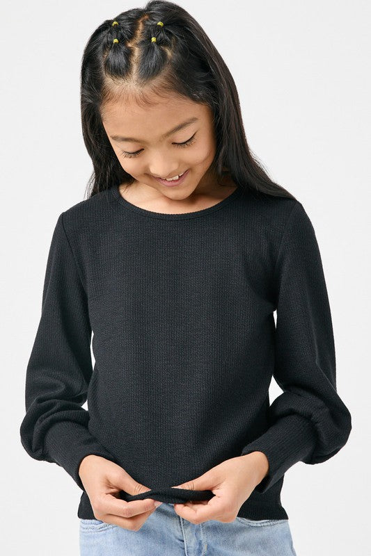 Black Textured Rib Exaggerated Cuff Knit Top