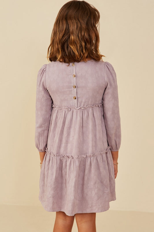 Girls Floral Textured Button Back Ruffle Dress