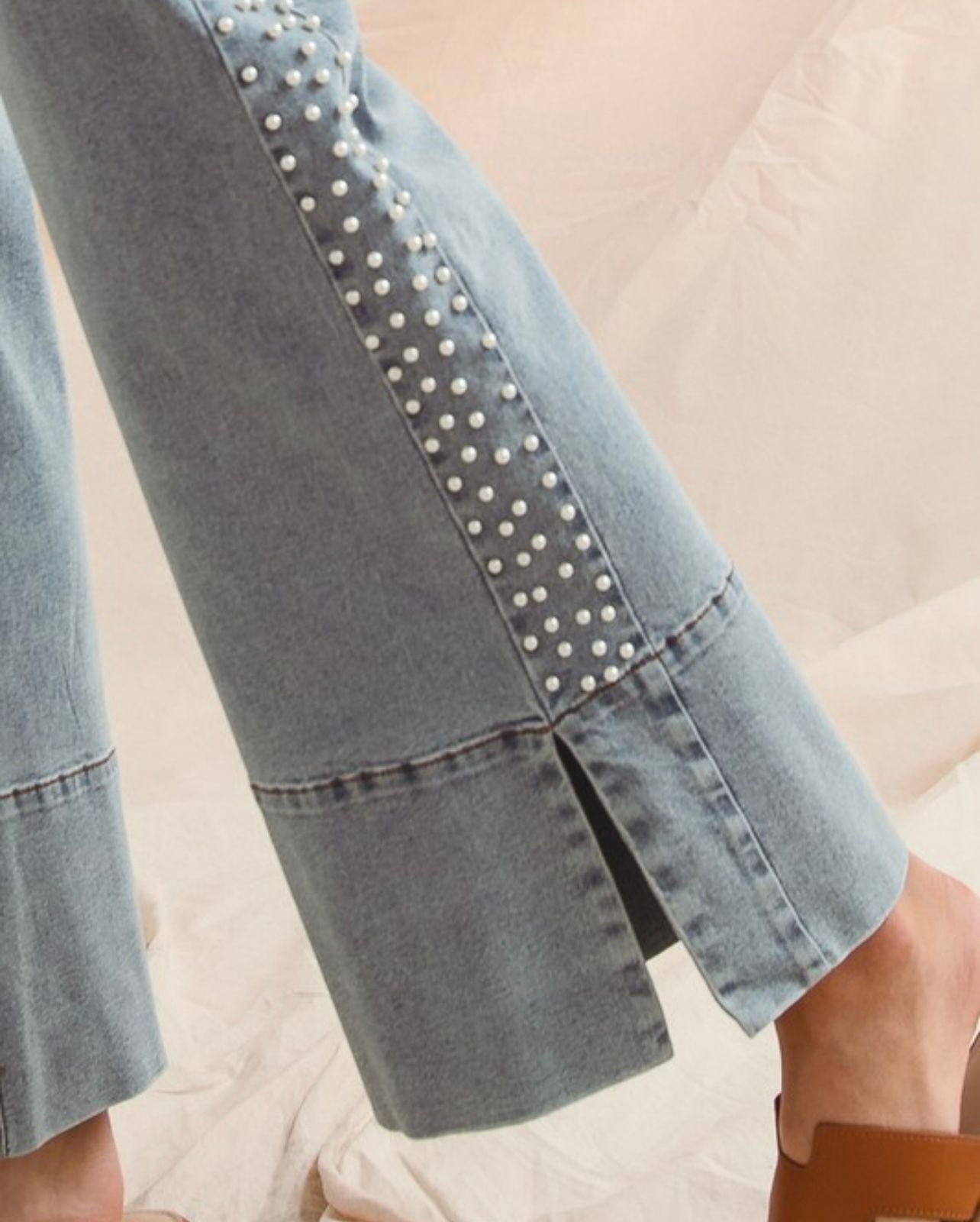 Mid Rise Flare Jean w/Split Cuff - Pearl Embellishment