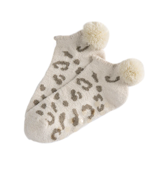 Ari Leopard Print Plush Home Socks, Taupe - Southern Belle Boutique