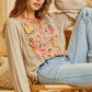 Lt Mocha LS Embroidery Top - Southern Belle Boutique