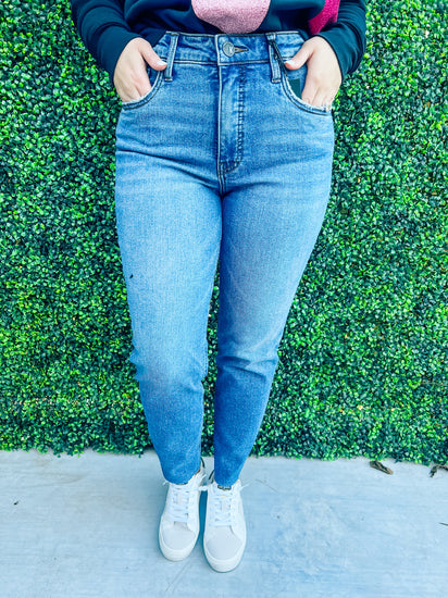 Rachael High Rise Mom Raw Hem Jeans - Southern Belle Boutique