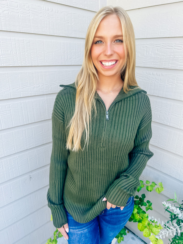 Olive Zipper Collar Sweater - Southern Belle Boutique