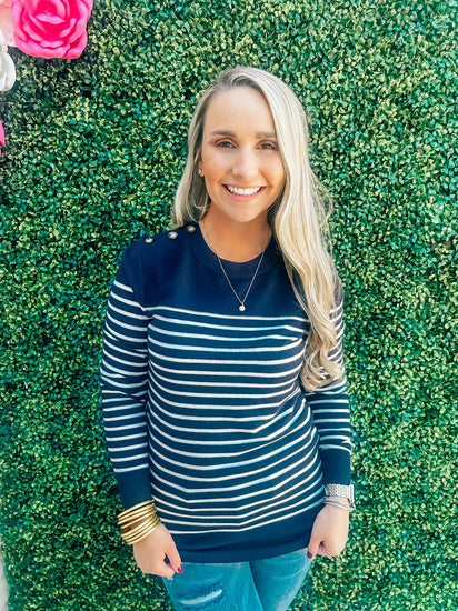 Navy Ivory Striped Sweater - Southern Belle Boutique