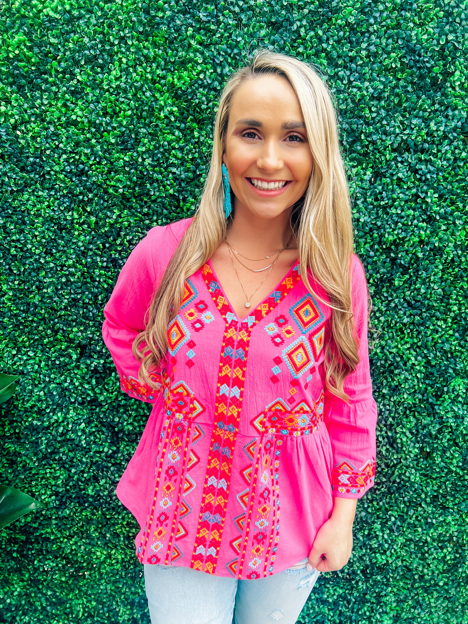 Hot Pink Aztec LS Top - Southern Belle Boutique