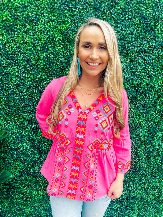 Hot Pink Aztec LS Top - Southern Belle Boutique