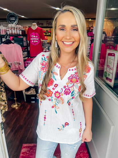 Ivory Embroidery Flower Top - Southern Belle Boutique