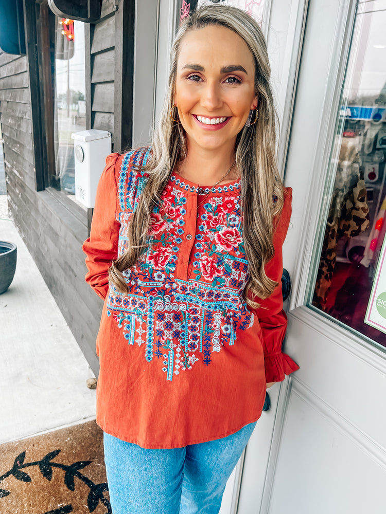 Rust Embroidery LS Top - Southern Belle Boutique