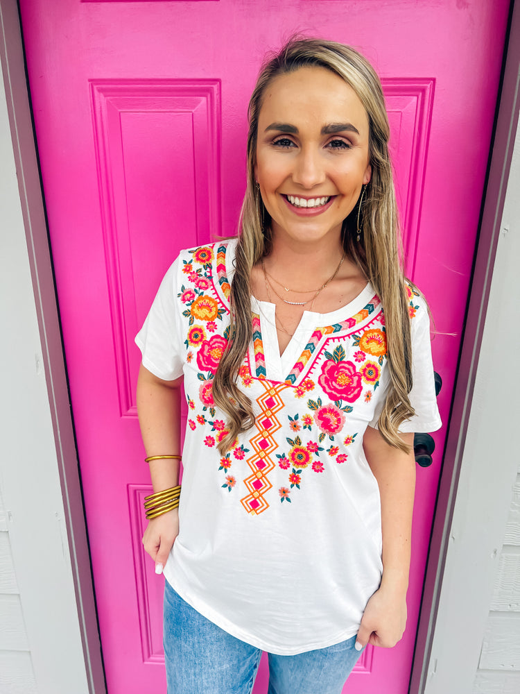 Ivory SS Floral Emb Top - Southern Belle Boutique