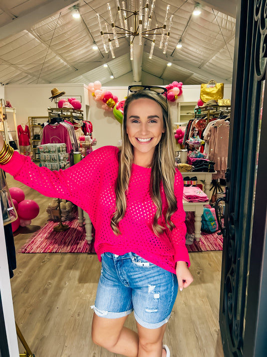 Hot Pink Eyelet Knit Sweater - Southern Belle Boutique
