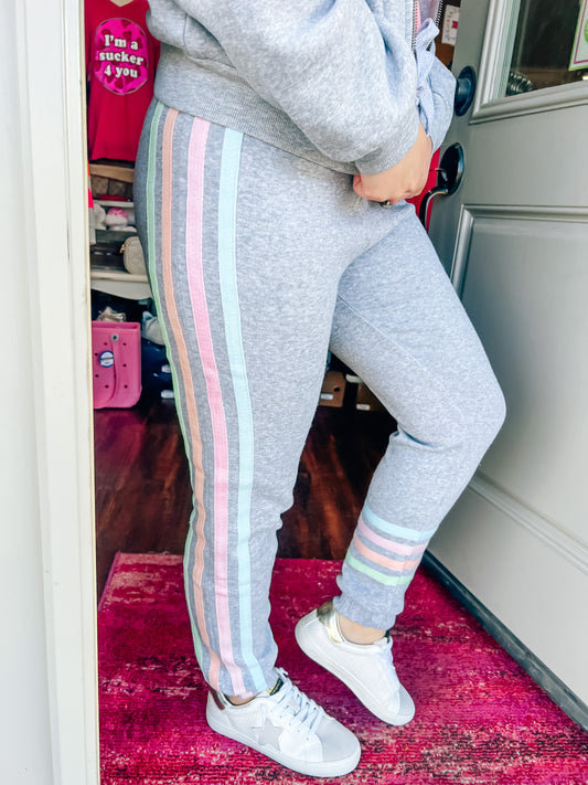 Heather Grey w/ Sorbet Twill Tape Stripes Burnout Jogger - Southern Belle Boutique
