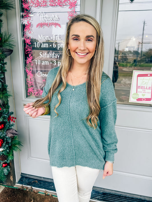 Calleen V-Neck Long Sleeve Sweater Emerald Stone - Southern Belle Boutique