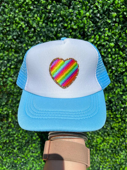 Trucker Hat Youth Lt Blue Rainbow Heart - Southern Belle Boutique