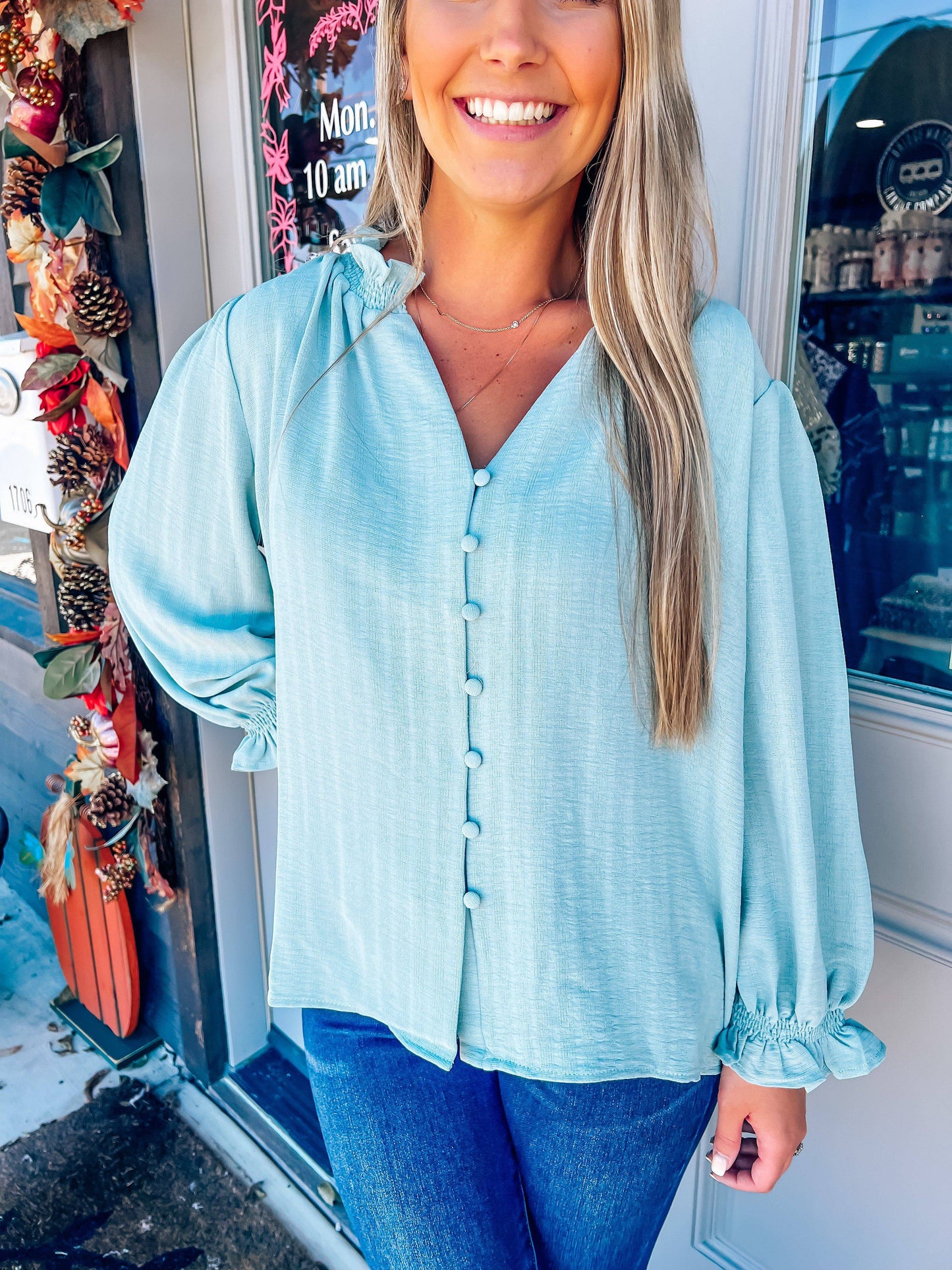 Seafoam Button Down Blouse - Southern Belle Boutique