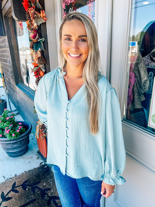 Seafoam Button Down Blouse - Southern Belle Boutique