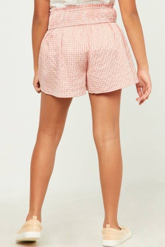 Girls Pink Gingham Print Smocked Waist Shorts - Southern Belle Boutique