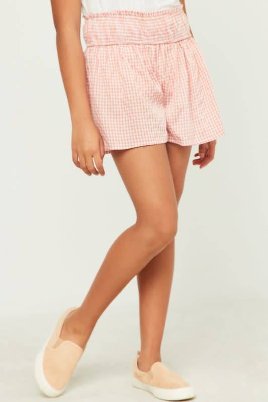 Girls Pink Gingham Print Smocked Waist Shorts - Southern Belle Boutique