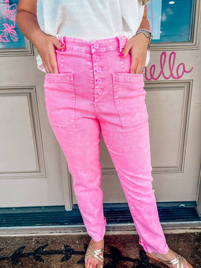 Hot Pink Denim Utility Pants - Southern Belle Boutique